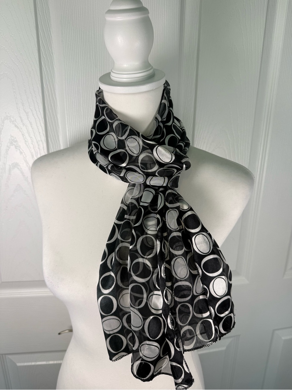 Boho Black White Logo Print Scarf Silk Feel Y2K Retro Cottagecore Vintage